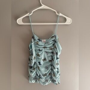 No Boundaries Women’s Spaghetti Strap Scrunch Ruched Shirt SZ M Butterfly Blue